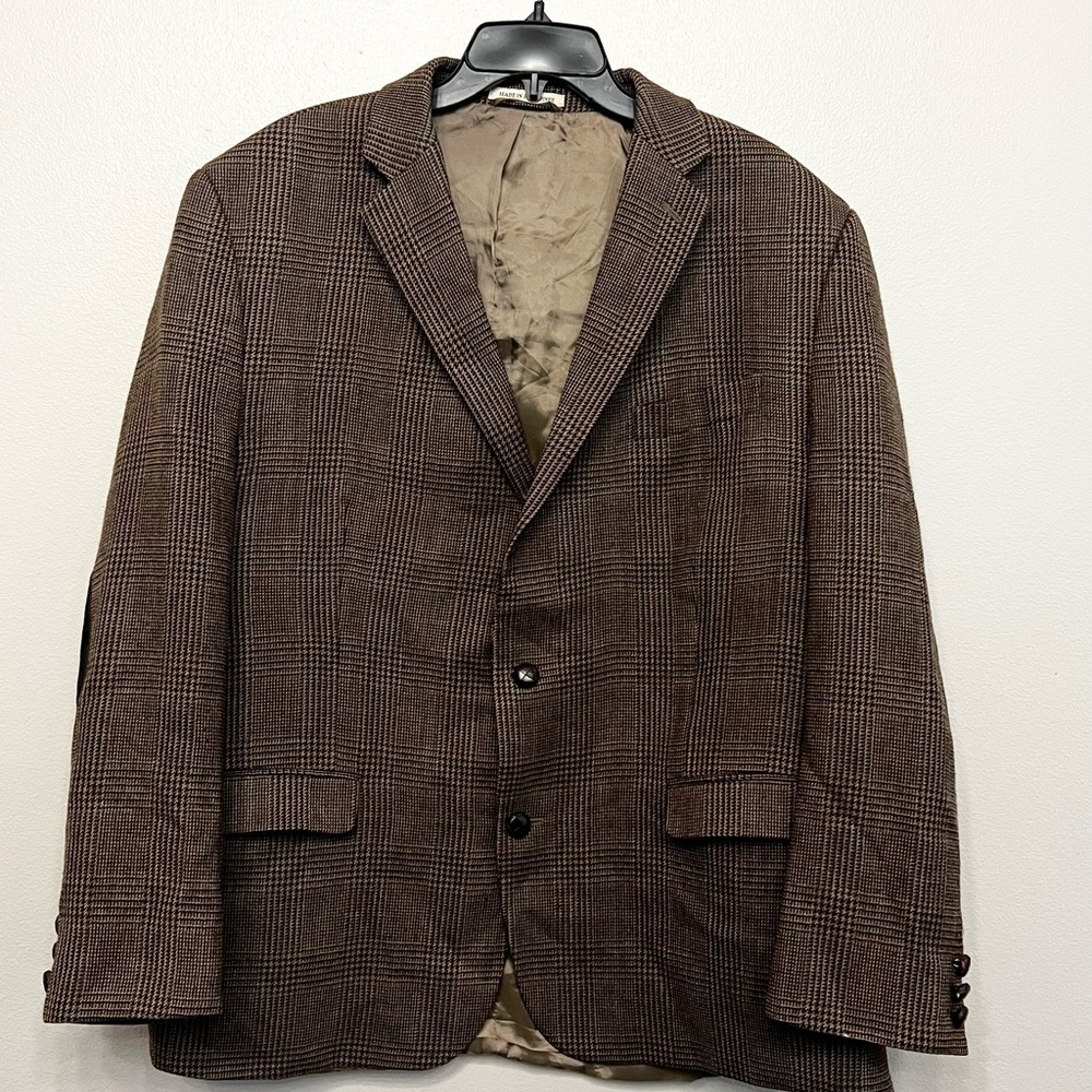Lauren Ralph Lauren Wool Elbow Patch Houndstooth Dark Brown Check Blazer 48R - Picture 1 of 13